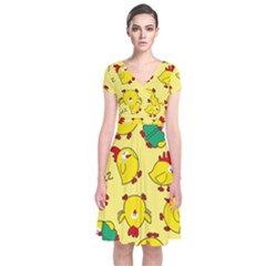 Animals Yellow Chicken Chicks Worm Green Short Sleeve Front Wrap Dress by Mariart