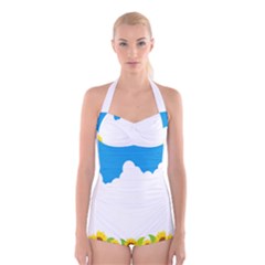 Cloud Blue Sky Sunflower Yellow Green White Boyleg Halter Swimsuit  by Mariart