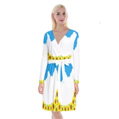 Cloud Blue Sky Sunflower Yellow Green White Long Sleeve Velvet Front Wrap Dress