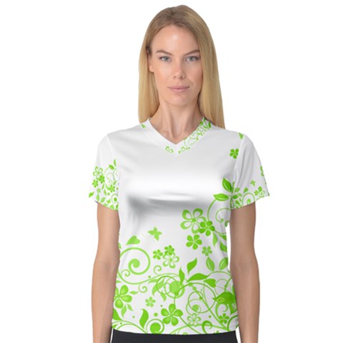 Butterfly Green Flower Floral Leaf Animals Women s V-neck Sport Mesh Tee by Mariart