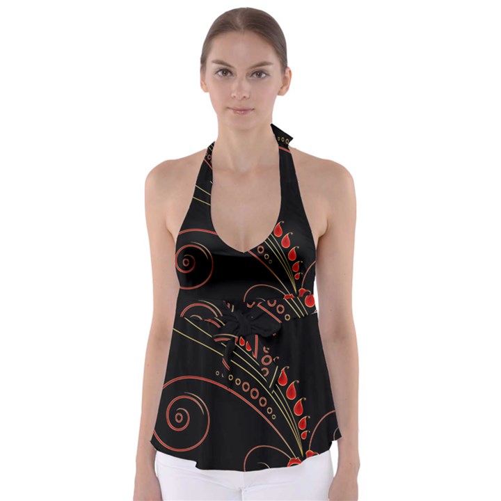 Flower Leaf Red Black Babydoll Tankini Top