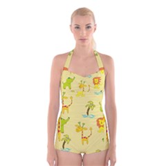 Cute Animals Elephant Giraffe Lion Boyleg Halter Swimsuit  by Mariart