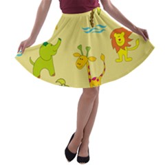 Cute Animals Elephant Giraffe Lion A-line Skater Skirt by Mariart