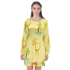 Cute Animals Elephant Giraffe Lion Long Sleeve Chiffon Shift Dress 