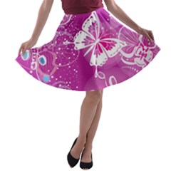 Flower Butterfly Pink A-line Skater Skirt by Mariart