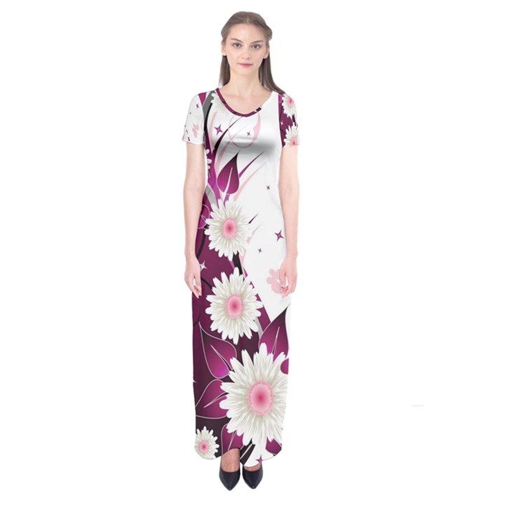 Flower Purple Sunflower Star Butterfly Short Sleeve Maxi Dress