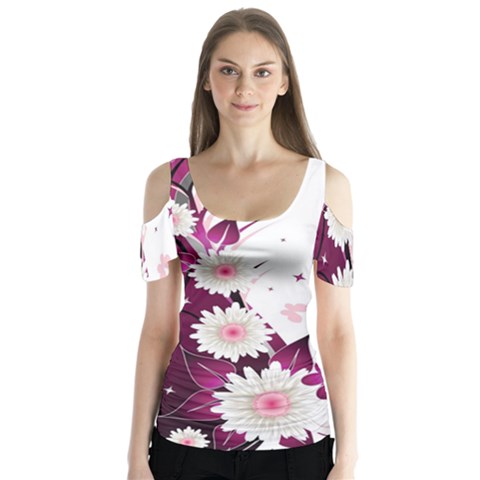 Flower Purple Sunflower Star Butterfly Butterfly Sleeve Cutout Tee  by Mariart