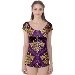 Flower Purplle Gold Boyleg Leotard  by Mariart