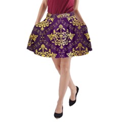 Flower Purplle Gold A-line Pocket Skirt