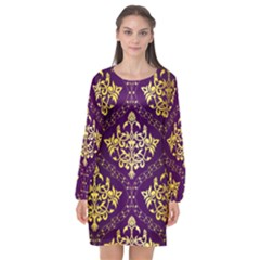 Flower Purplle Gold Long Sleeve Chiffon Shift Dress 