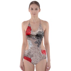 Flower Rose Red Black White Cut-out One Piece Swimsuit by Mariart