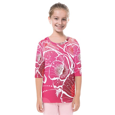 Flower Red Sakura Pink Kids  Quarter Sleeve Raglan Tee by Mariart