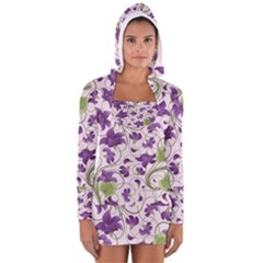 Flower Sakura Star Purple Green Leaf Women s Long Sleeve Hooded T-shirt by Mariart