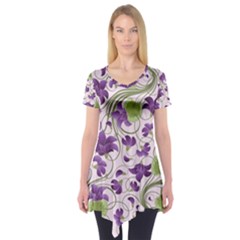 Flower Sakura Star Purple Green Leaf Short Sleeve Tunic  by Mariart