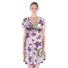 Flower Sakura Star Purple Green Leaf Short Sleeve V-neck Flare Dress