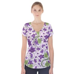 Flower Sakura Star Purple Green Leaf Short Sleeve Front Detail Top by Mariart