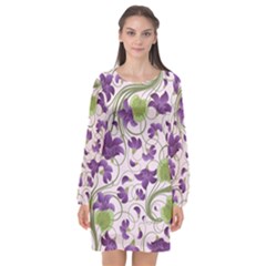 Flower Sakura Star Purple Green Leaf Long Sleeve Chiffon Shift Dress 