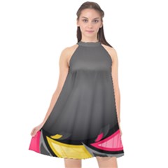 Hole Circle Line Red Yellow Black Gray Halter Neckline Chiffon Dress 