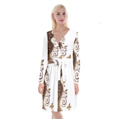 Leaf Brown Butterfly Long Sleeve Velvet Front Wrap Dress