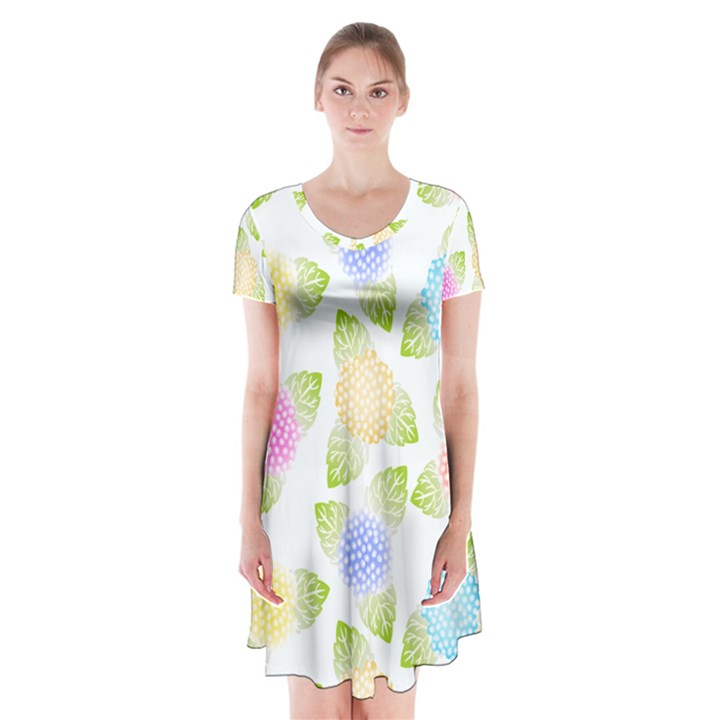 Fruit Grapes Purple Yellow Blue Pink Rainbow Leaf Green Short Sleeve V-neck Flare Dress