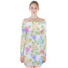 Fruit Grapes Purple Yellow Blue Pink Rainbow Leaf Green Long Sleeve Off Shoulder Dress by Mariart