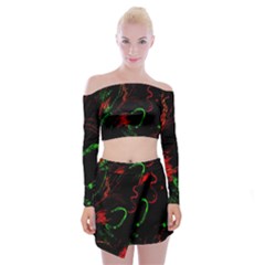 Paint Black Red Green Off Shoulder Top With Skirt Set