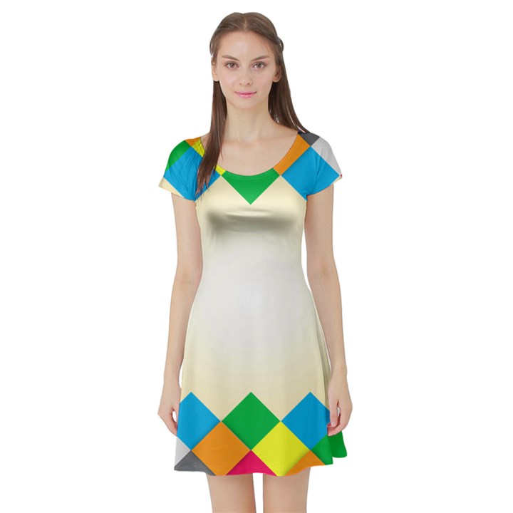 Plaid Wave Chevron Rainbow Color Short Sleeve Skater Dress