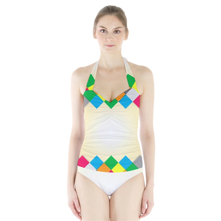 Plaid Wave Chevron Rainbow Color Halter Swimsuit