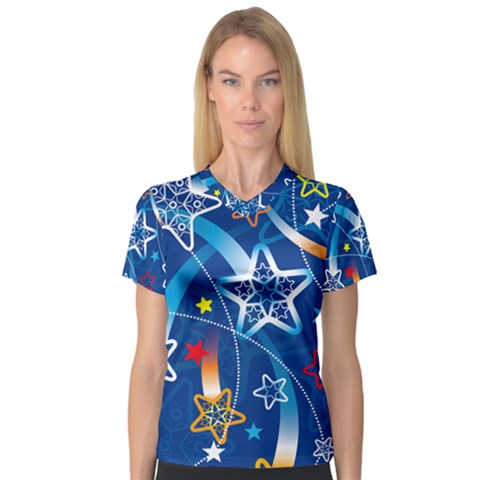 Line Star Space Blue Sky Light Rainbow Red Orange White Yellow Women s V-neck Sport Mesh Tee by Mariart