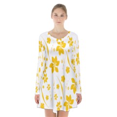 Shamrock Yellow Star Flower Floral Star Long Sleeve Velvet V-neck Dress by Mariart