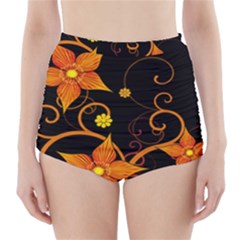 Star Leaf Orange Gold Red Black Flower Floral High-waisted Bikini Bottoms by Mariart