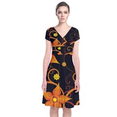 Star Leaf Orange Gold Red Black Flower Floral Short Sleeve Front Wrap Dress by Mariart