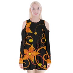 Star Leaf Orange Gold Red Black Flower Floral Velvet Long Sleeve Shoulder Cutout Dress by Mariart