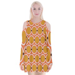 Orange Circle Polka Velvet Long Sleeve Shoulder Cutout Dress