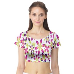 Star Flower Purple Pink Short Sleeve Crop Top (tight Fit) by Mariart