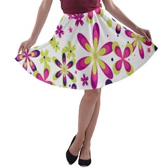 Star Flower Purple Pink A-line Skater Skirt by Mariart