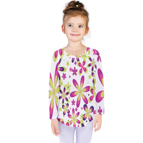 Star Flower Purple Pink Kids  Long Sleeve Tee by Mariart