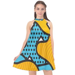 Wave Chevron Orange Blue Circle Plaid Polka Dot Halter Neckline Chiffon Dress 