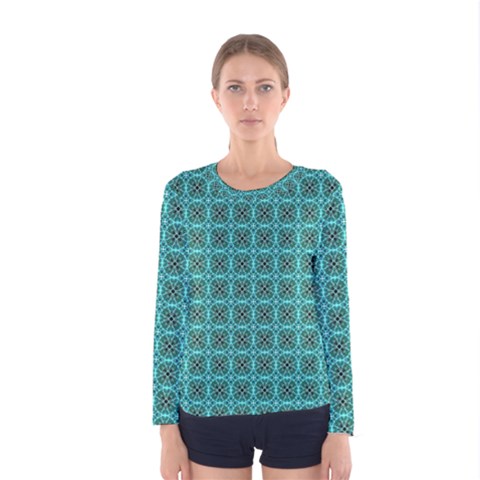 Turquoise Damask Pattern Women s Long Sleeve Tee by linceazul