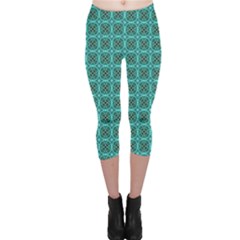 Turquoise Damask Pattern Capri Leggings  by linceazul