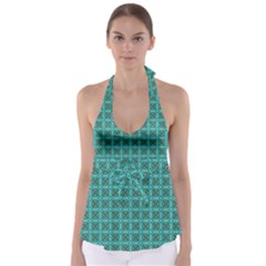 Turquoise Damask Pattern Babydoll Tankini Top by linceazul