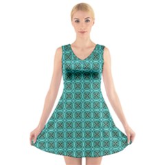 Turquoise Damask Pattern V-neck Sleeveless Skater Dress by linceazul