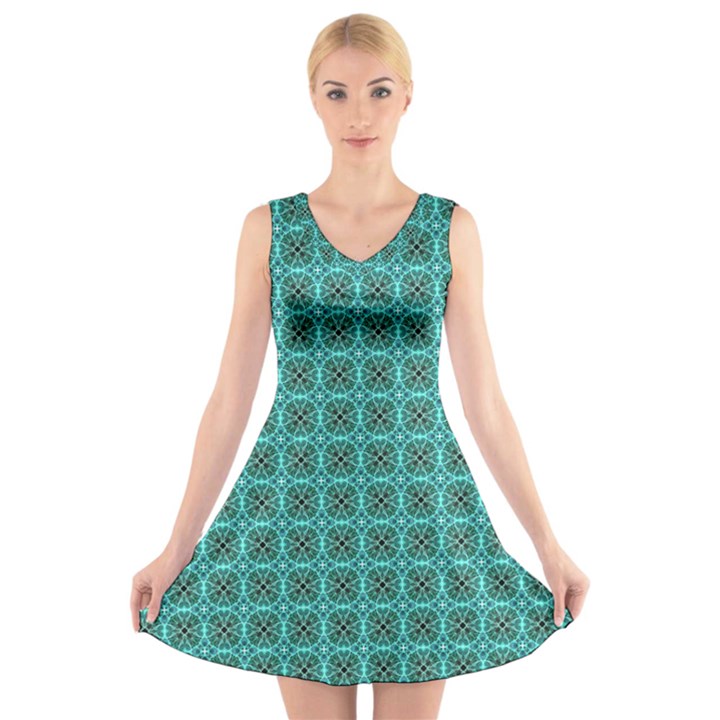 Turquoise Damask Pattern V-Neck Sleeveless Skater Dress