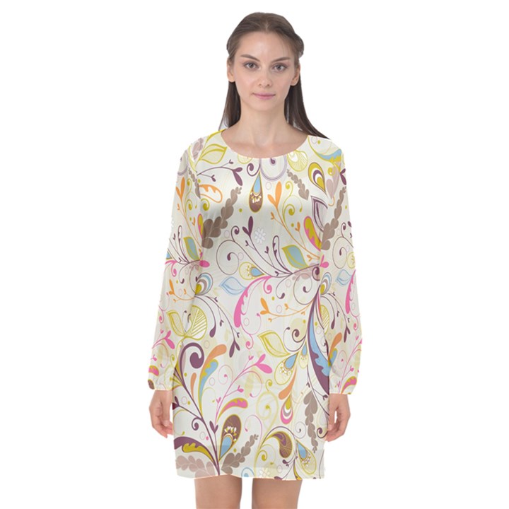 Colorful Seamless Floral Background Long Sleeve Chiffon Shift Dress 