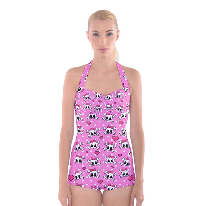 Cute skulls  Boyleg Halter Swimsuit 