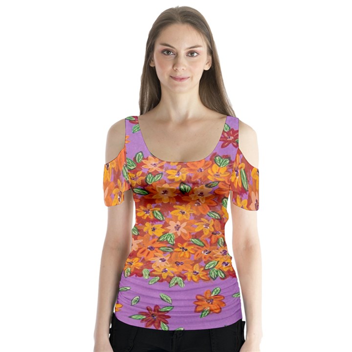 Floral Sphere Butterfly Sleeve Cutout Tee 