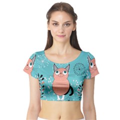 Cat Face Mask Smile Cute Leaf Flower Floral Short Sleeve Crop Top (tight Fit) by Mariart