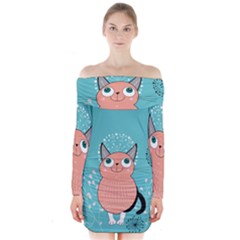 Cat Face Mask Smile Cute Leaf Flower Floral Long Sleeve Off Shoulder Dress by Mariart