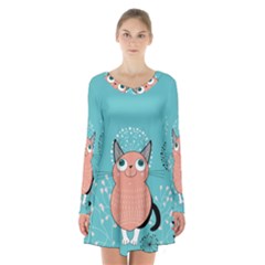 Cat Face Mask Smile Cute Leaf Flower Floral Long Sleeve Velvet V-neck Dress by Mariart