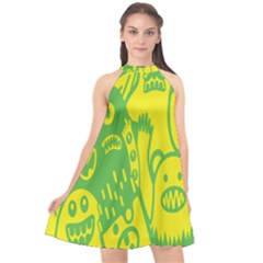 Easter Monster Sinister Happy Green Yellow Magic Rock Halter Neckline Chiffon Dress  by Mariart